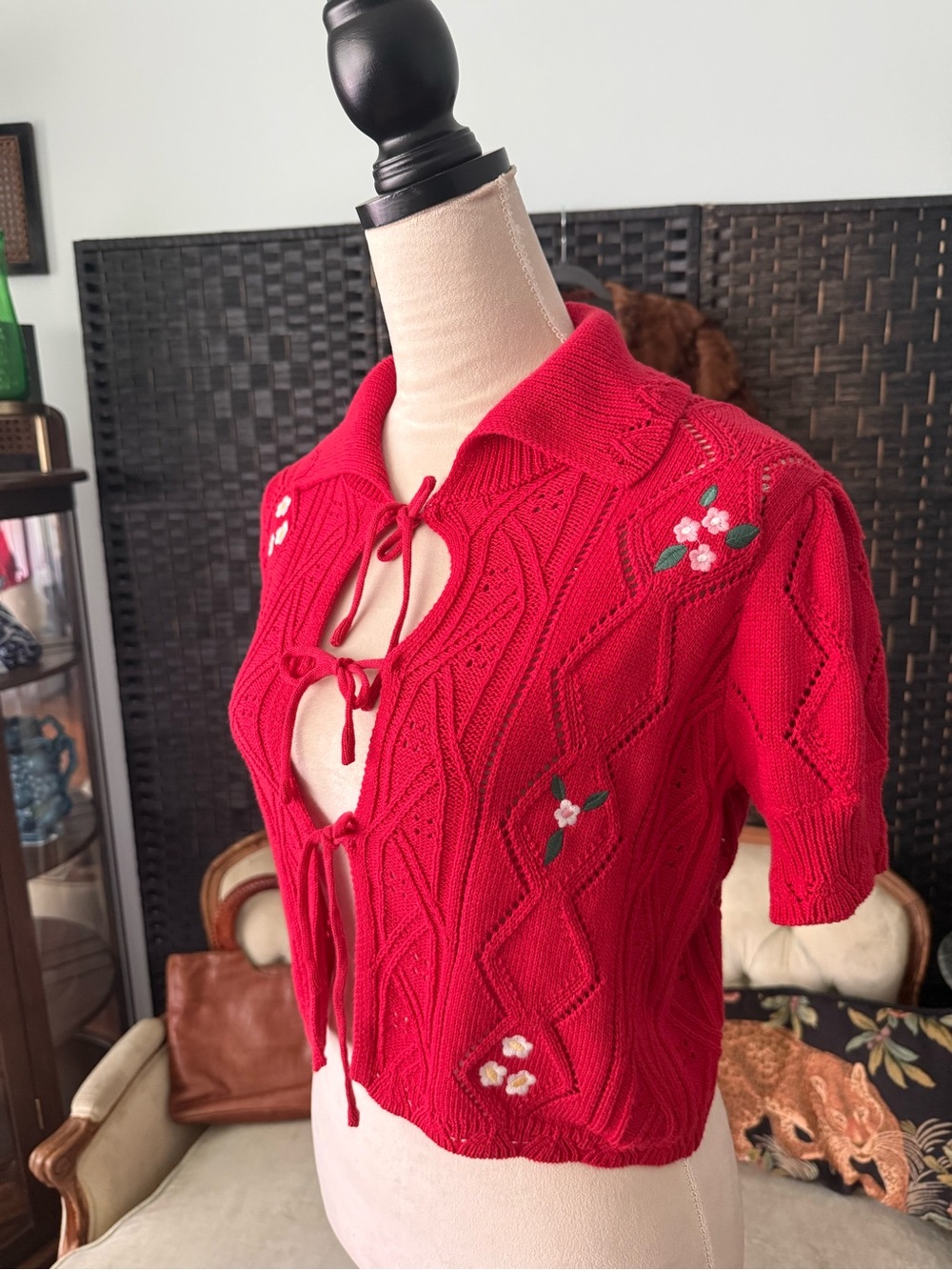 ❤️ Hazel Moon Floral Tie Front Cardigan Sweater Cottagecore Coquette Red XS - Picture 3 of 12